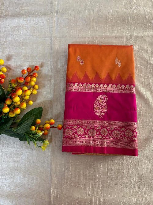 Orange with Pink base heavy double border semi silk saree