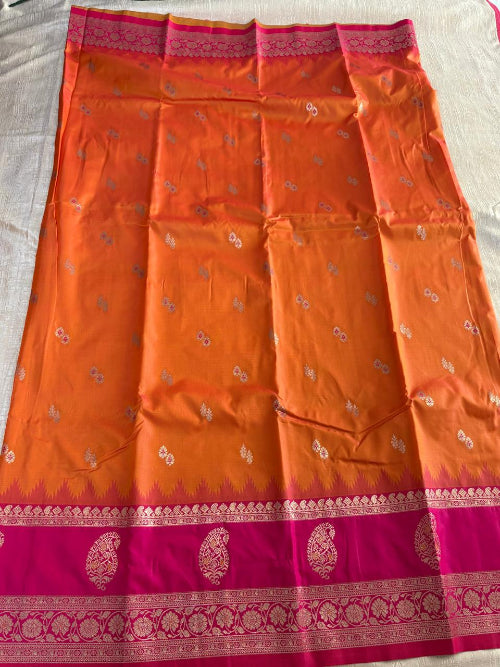 Orange with Pink base heavy double border semi silk saree