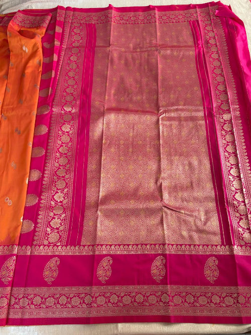 Orange with Pink base heavy double border semi silk saree