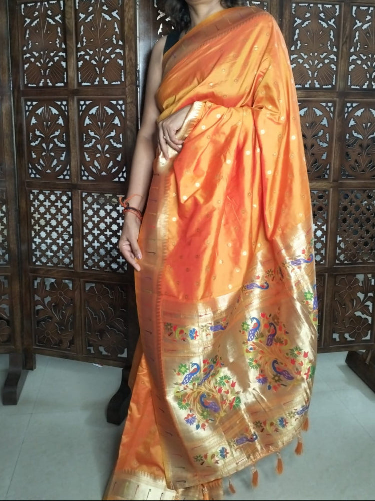 Golden Orange shade Soft Paithani saree
