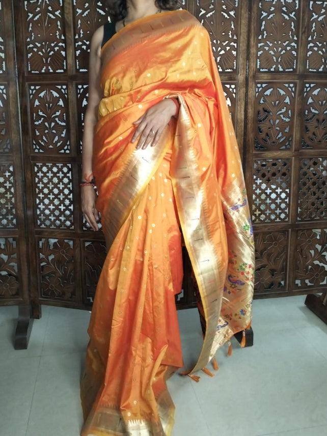 Golden Orange shade Soft Paithani saree