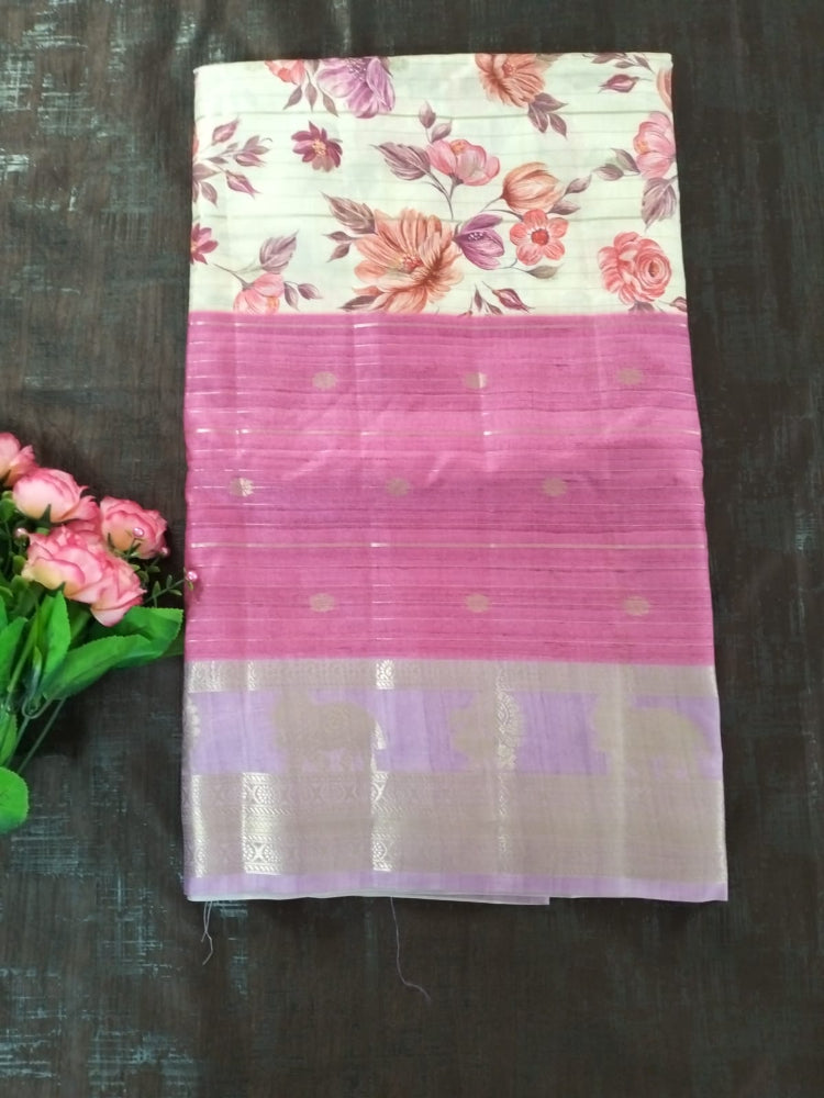 Pink with purple zari  border with flower pattern soft tussar silk saree