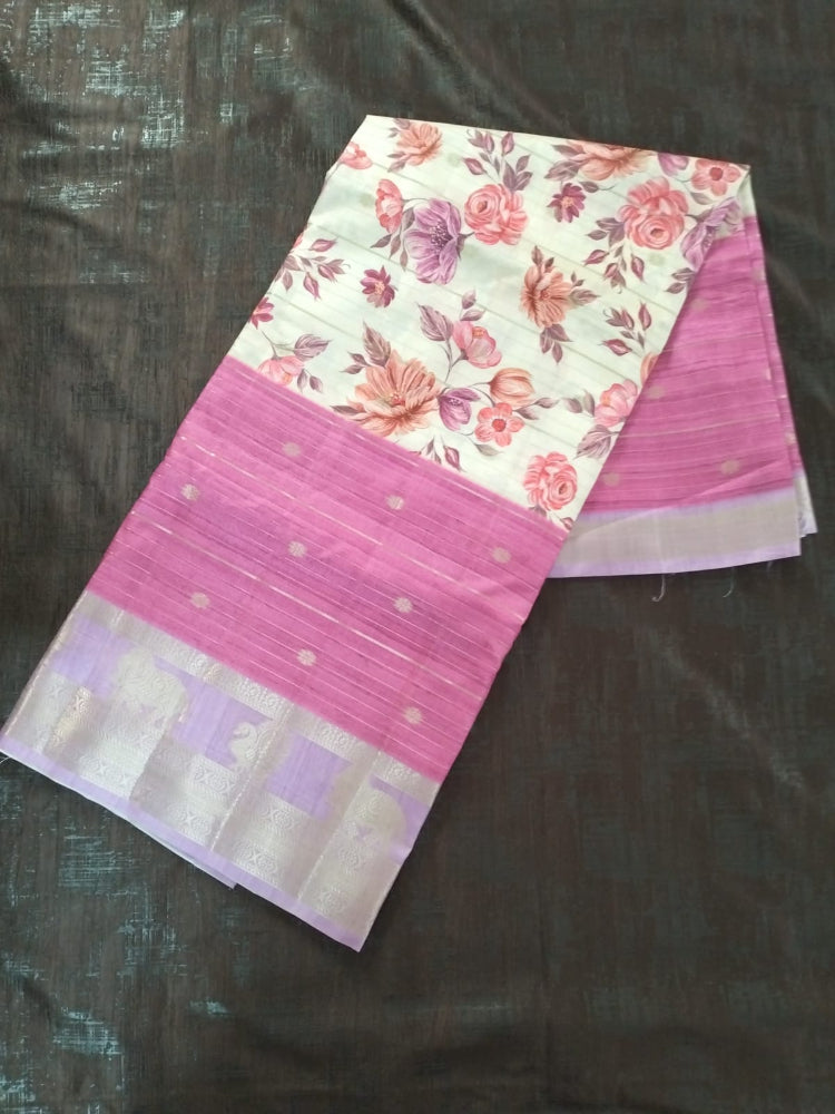 Pink with purple zari  border with flower pattern soft tussar silk saree