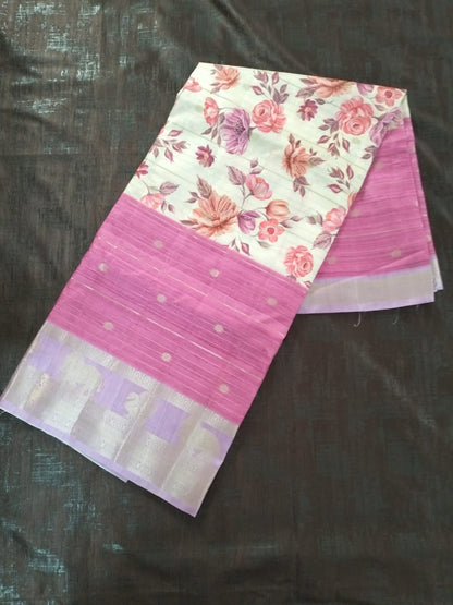 Pink with purple zari  border with flower pattern soft tussar silk saree
