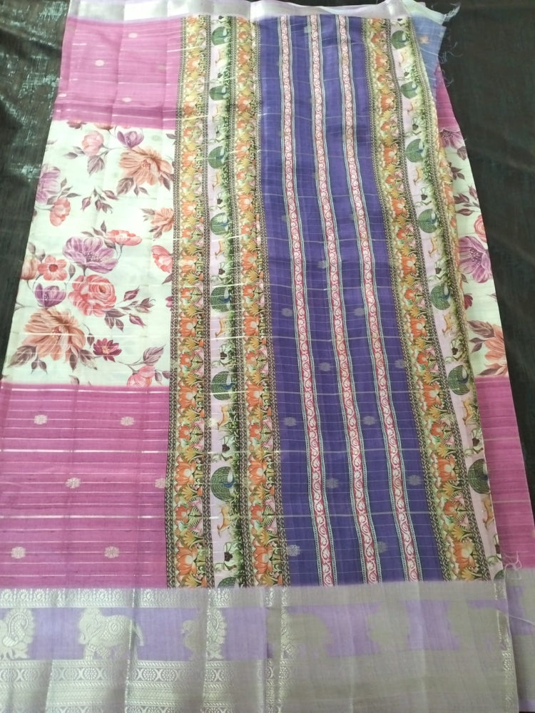 Pink with purple zari  border with flower pattern soft tussar silk saree