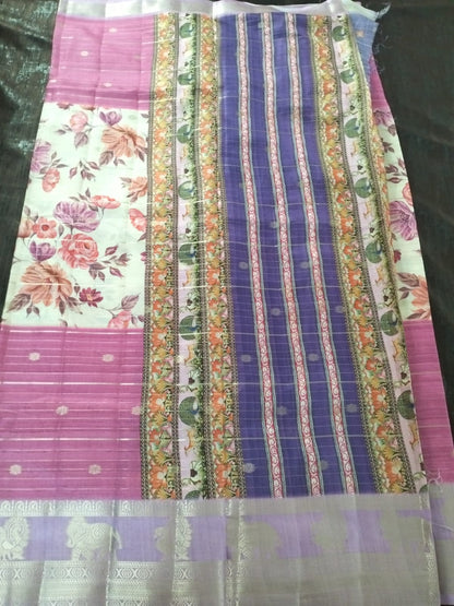 Pink with purple zari  border with flower pattern soft tussar silk saree