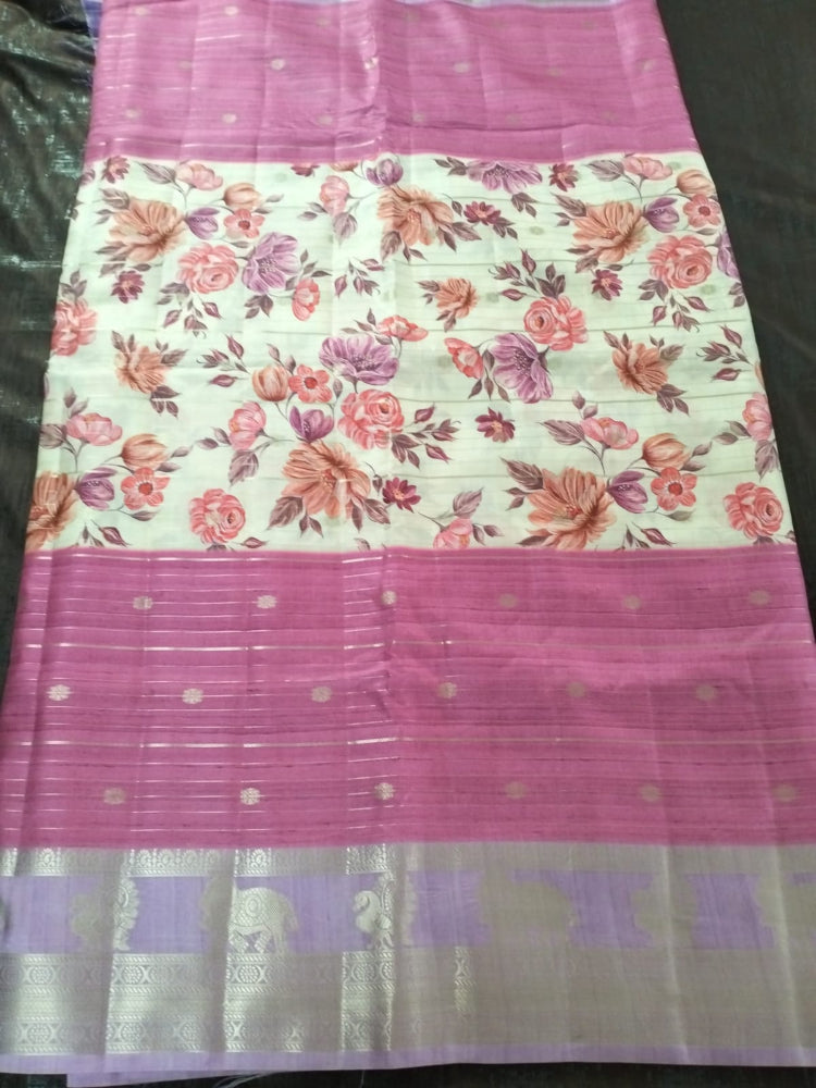 Pink with purple zari  border with flower pattern soft tussar silk saree