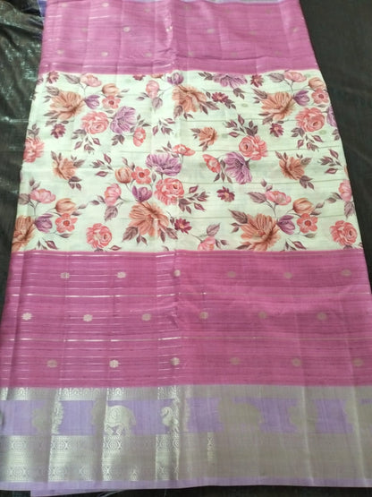 Pink with purple zari  border with flower pattern soft tussar silk saree
