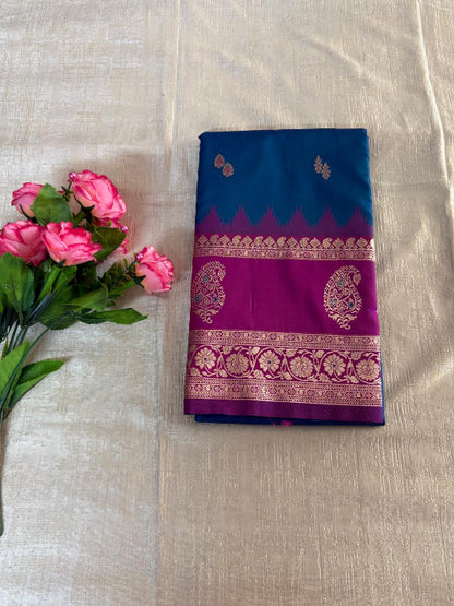Purple with Blue base heavy double border semi silk saree