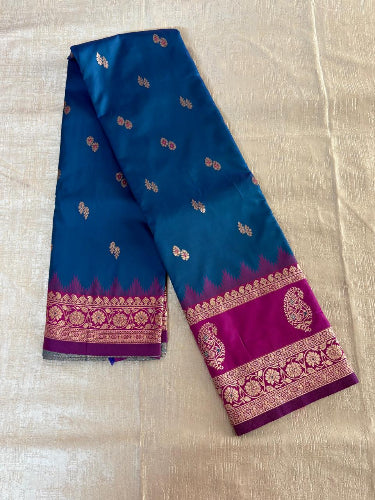 Purple with Blue base heavy double border semi silk saree