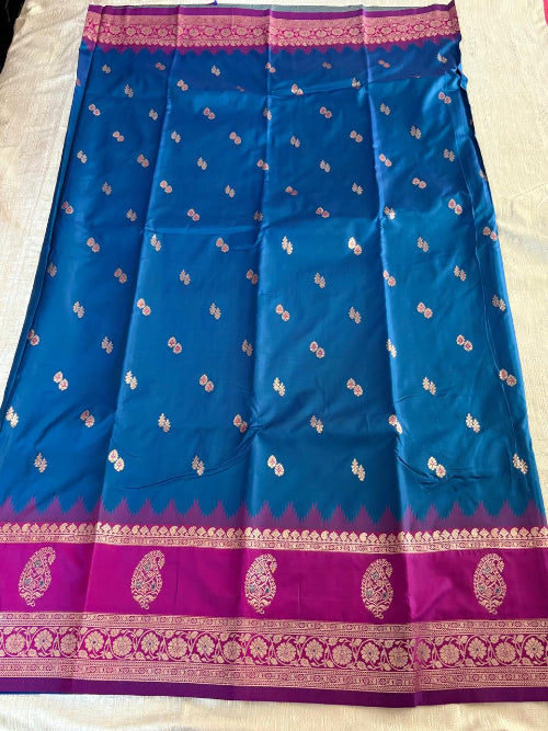 Purple with Blue base heavy double border semi silk saree