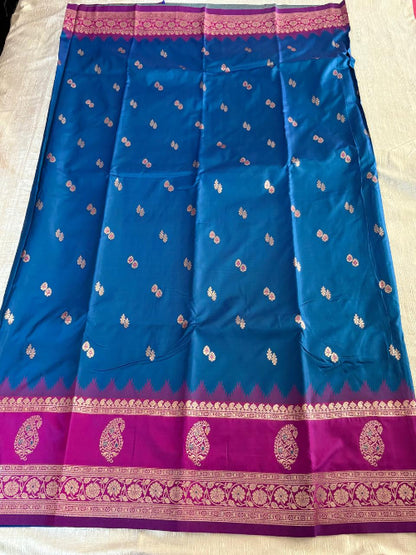 Purple with Blue base heavy double border semi silk saree