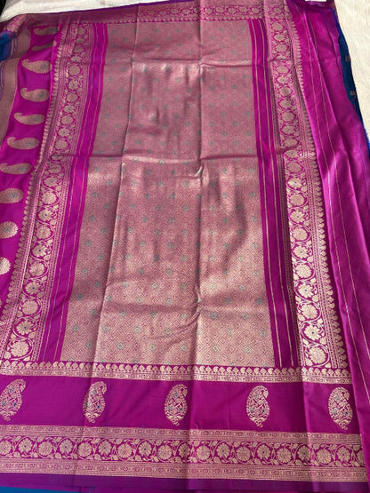 Purple with Blue base heavy double border semi silk saree