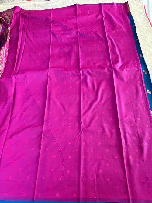 Purple with Blue base heavy double border semi silk saree