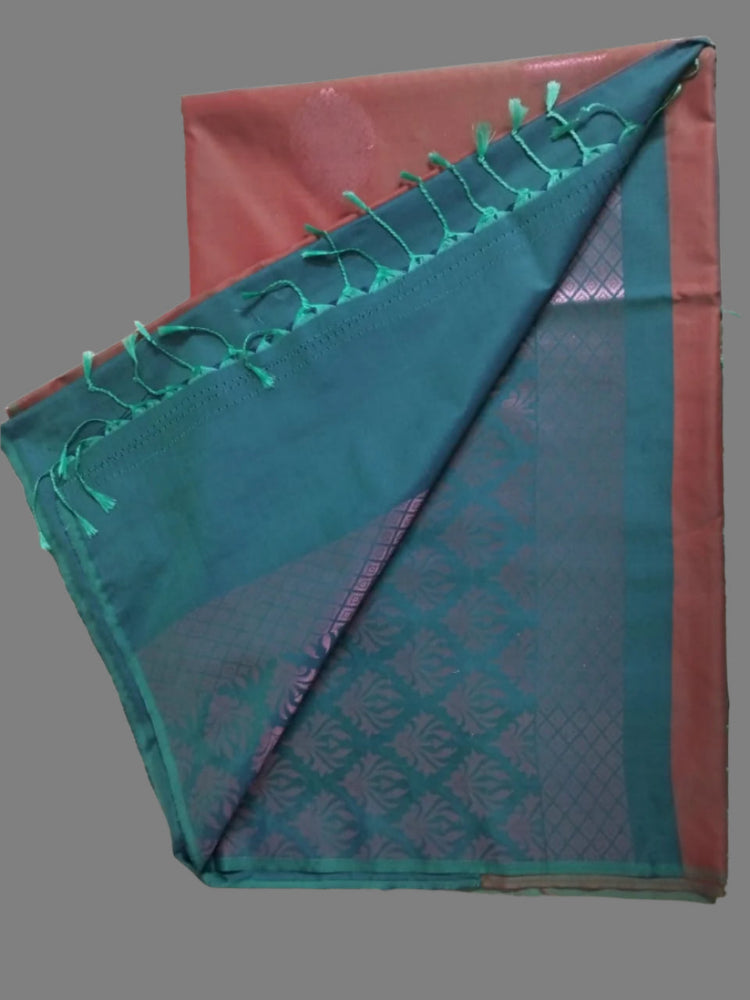 Shiny red with pink zari boota N great pallu semi silk saree