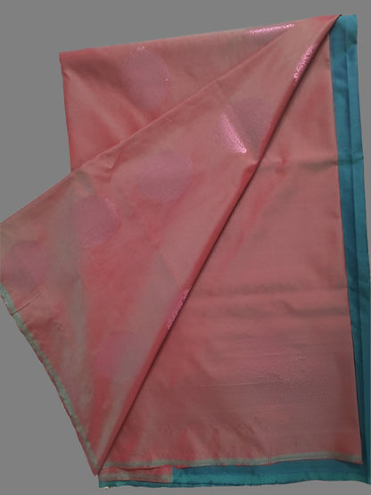 Shiny red with pink zari boota N great pallu semi silk saree