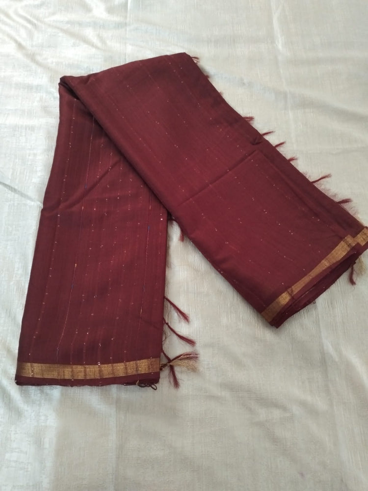 Red Linen cotton saree with border hand beaded for party wear