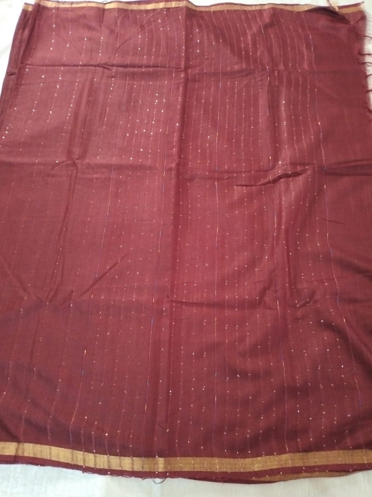 Red Linen cotton saree with border hand beaded for party wear