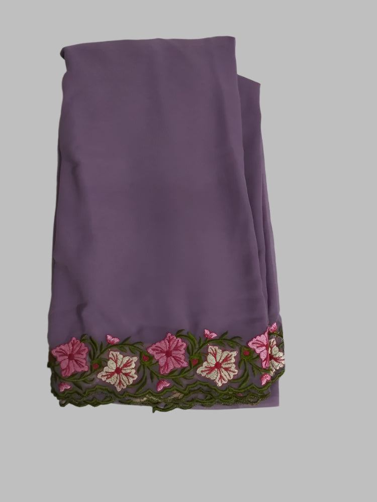 Floral boarder Faux Georgett Purple Saree with Multi Thread embroidery design