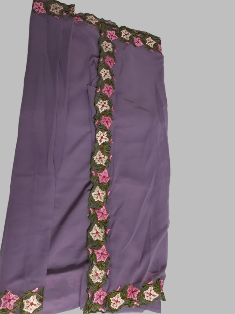 Floral boarder Faux Georgett Purple Saree with Multi Thread embroidery design