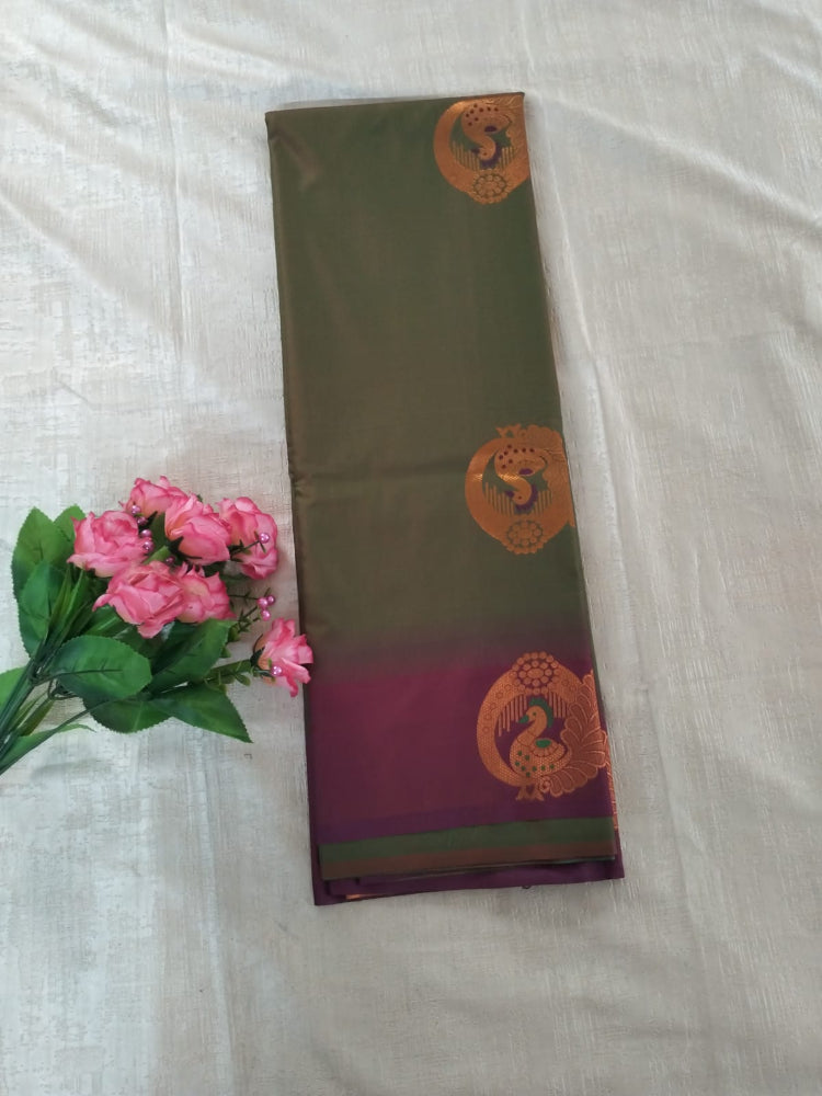 Mud Green N Wine colour semi silk with copper peacock buttas
