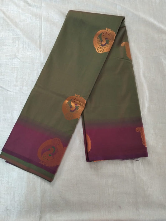 Mud Green N Wine colour semi silk with copper peacock buttas