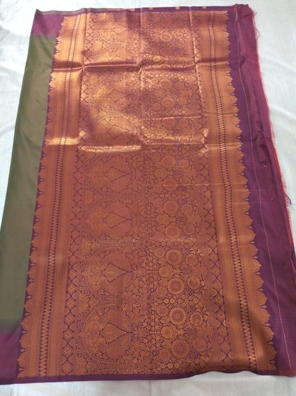 Mud Green N Wine colour semi silk with copper peacock buttas