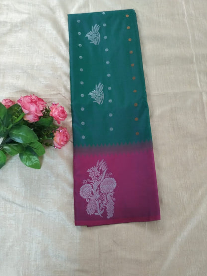 Green with Purple border with big buttas semi silk