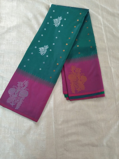 Green with Purple border with big buttas semi silk