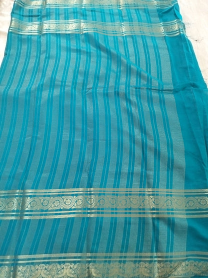 Blue with double Bentex border Mysore Semi Crepe silk saree