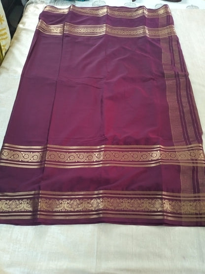 Dark Purple with double Bentex border Mysore Semi Crepe silk saree