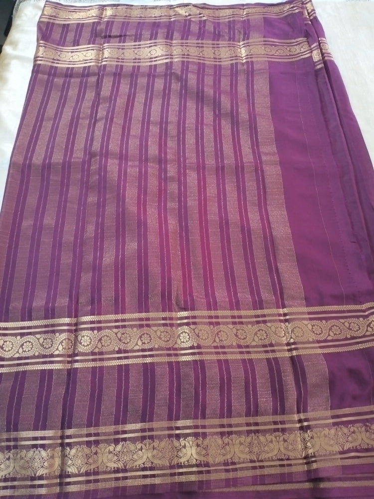 Dark Purple with double Bentex border Mysore Semi Crepe silk saree