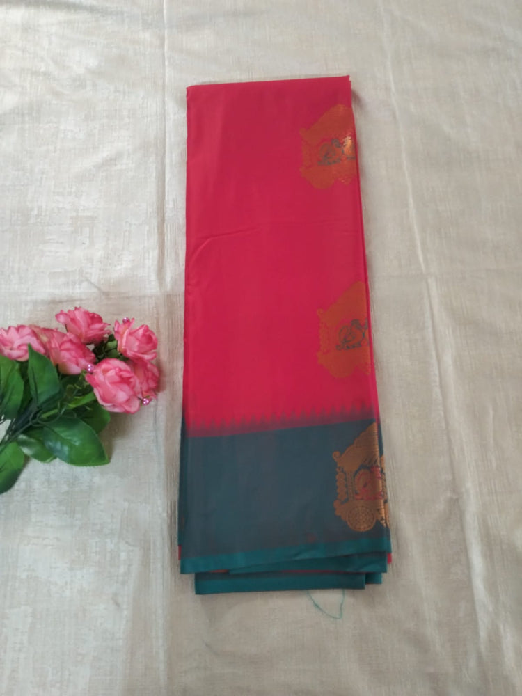 Red with Green border with big chariot buttas semi silk