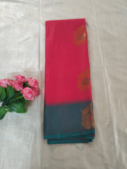 Red with Green border with big chariot buttas semi silk