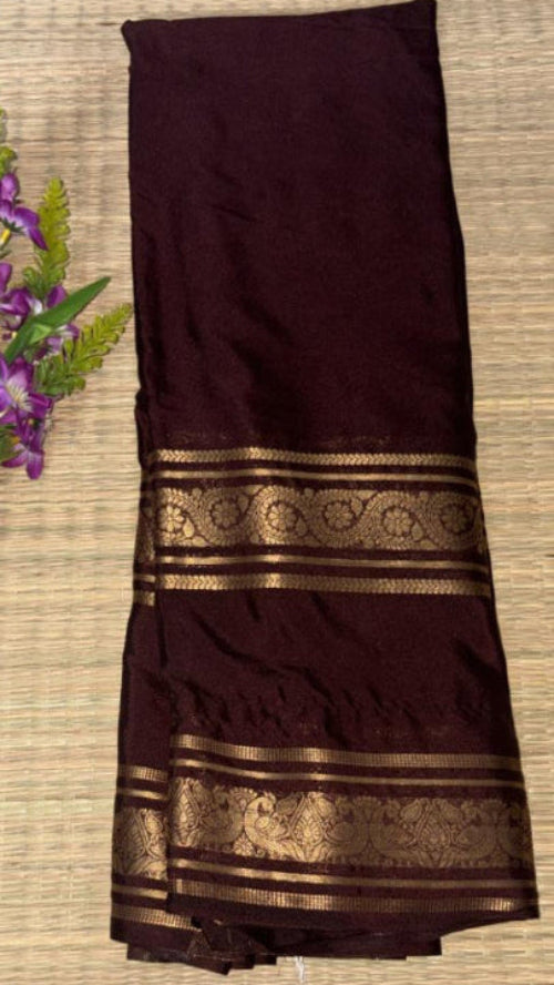 Coffee colour with double Bentex border Mysore Semi Crepe silk saree