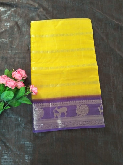 Yellow with Purple zari border soft tussar silk saree