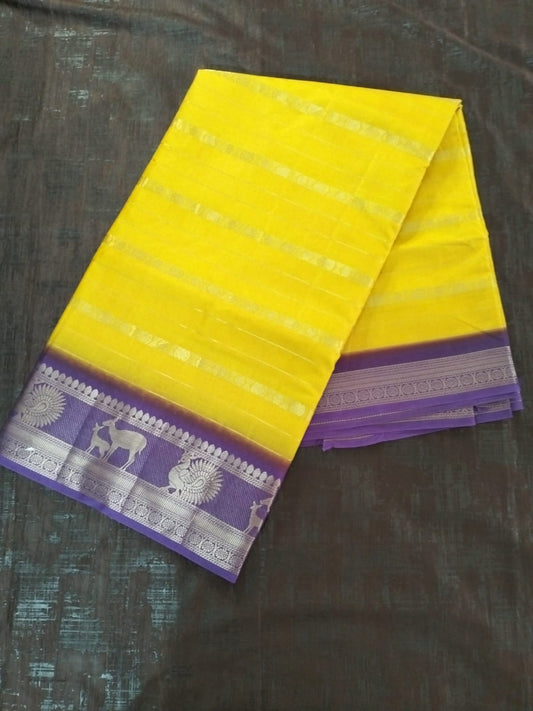 Yellow with Purple zari border soft tussar silk saree