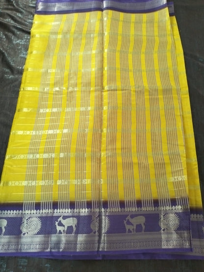Yellow with Purple zari border soft tussar silk saree