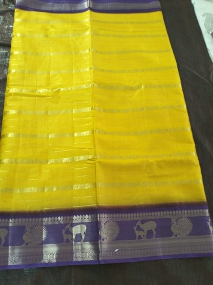 Yellow with Purple zari border soft tussar silk saree