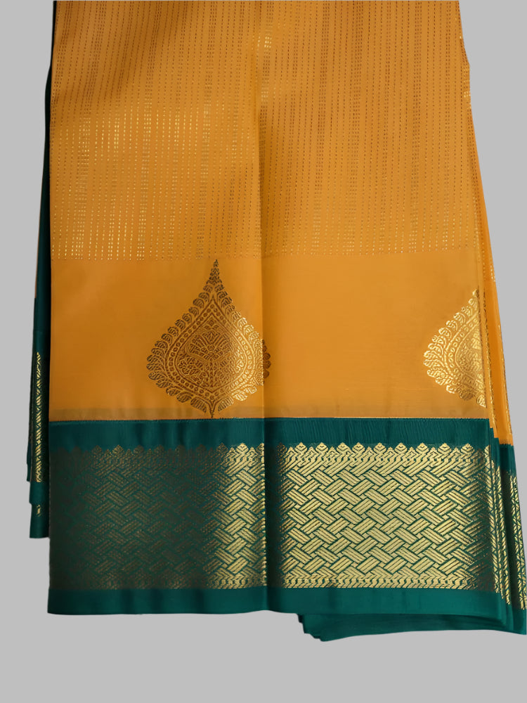 Fine Yellow N Green with Buttas and zari border in Semi kanchipuram silk