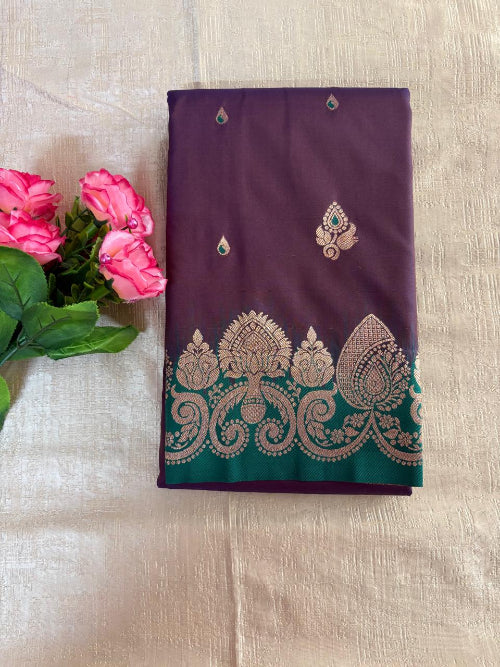 Coca cola colur with green base heavy border semi silk saree