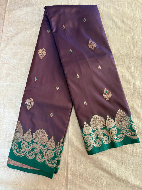 Coca cola colur with green base heavy border semi silk saree