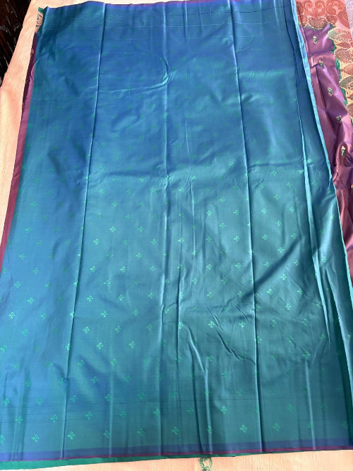 Coca cola colur with green base heavy border semi silk saree