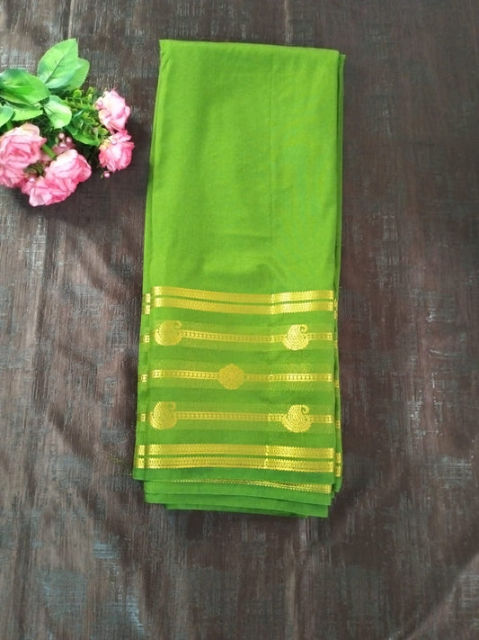 Green with Golden line border Mysore Semi Crepe silk saree