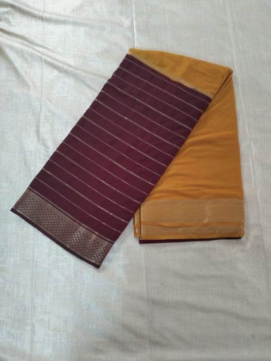Maroon with Yellow Half n half semi Mysore crepe silk saree