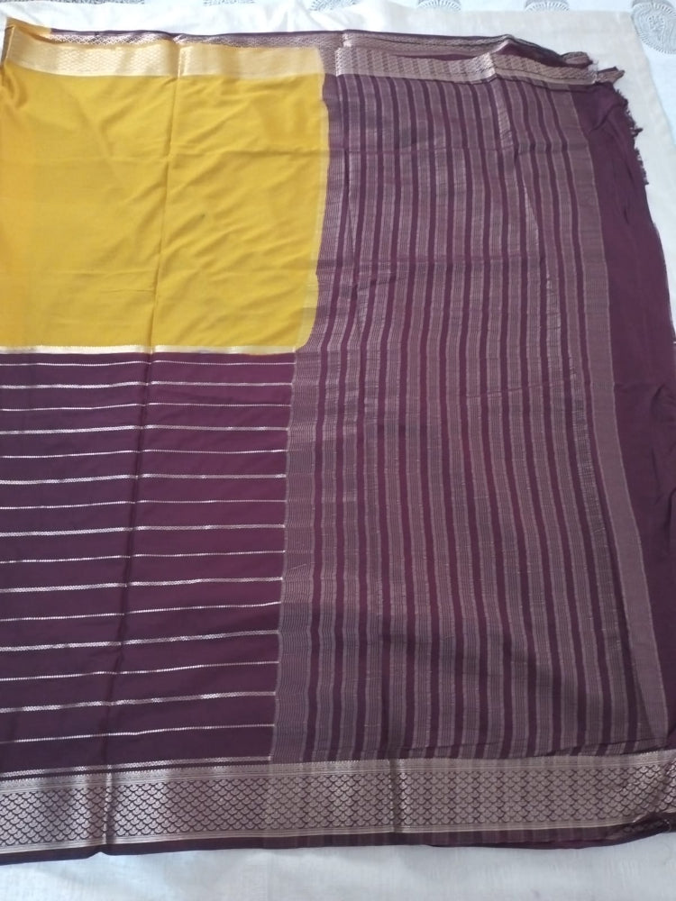 Maroon with Yellow Half n half semi Mysore crepe silk saree