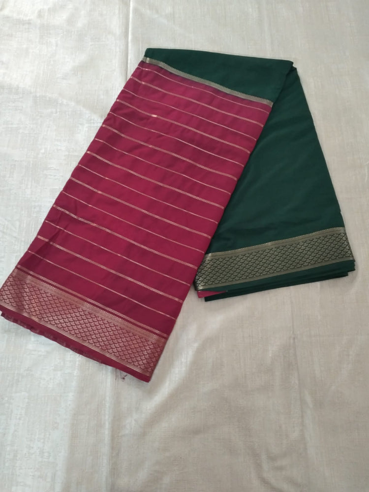 Dark pink with Green Half n half semi Mysore crepe silk saree