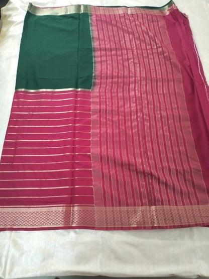 Dark pink with Green Half n half semi Mysore crepe silk saree