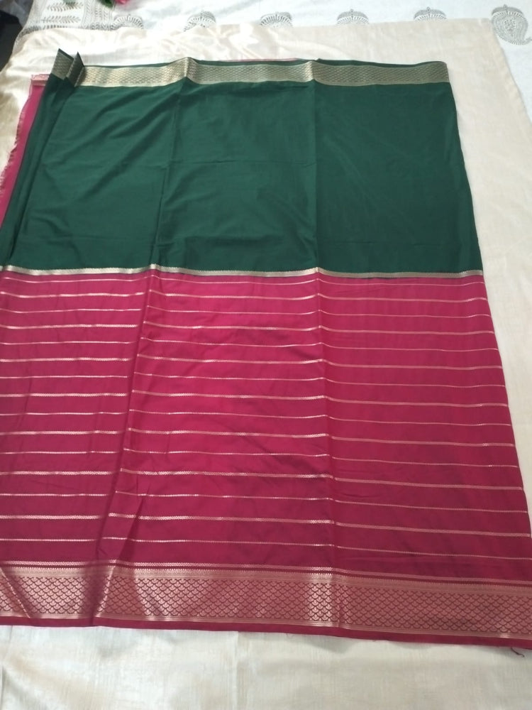 Dark pink with Green Half n half semi Mysore crepe silk saree