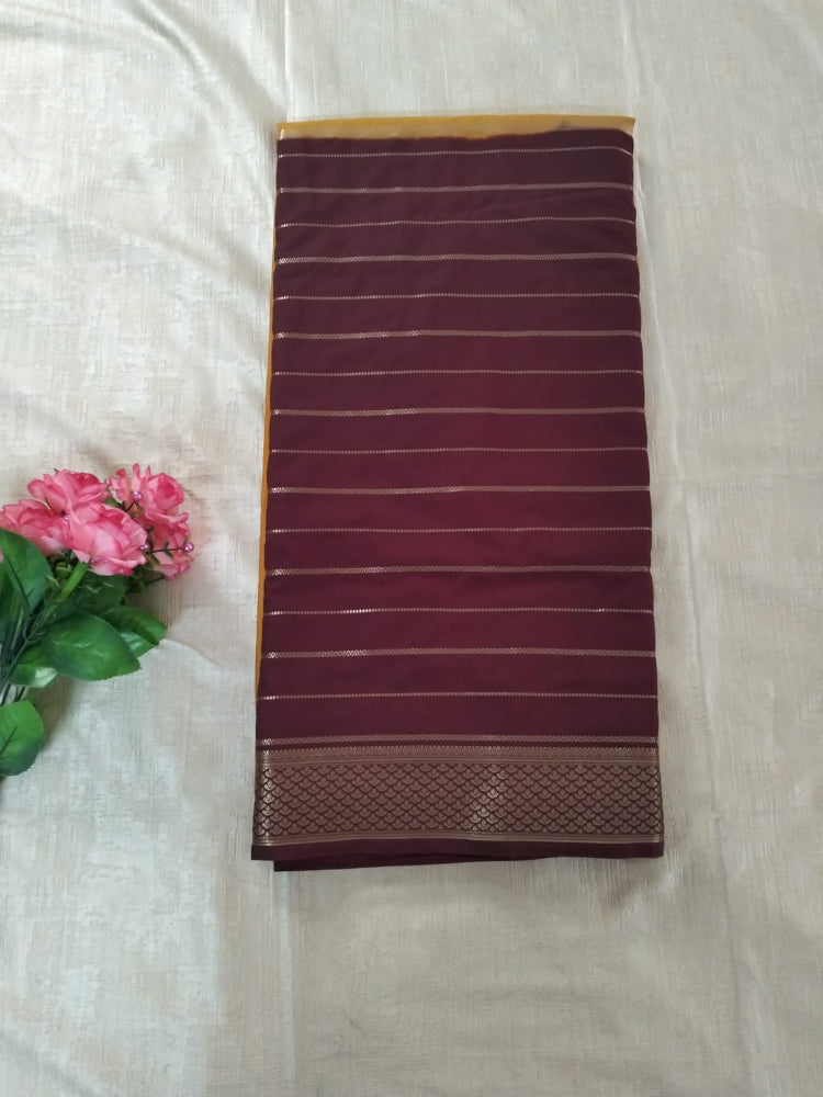 Maroon with Yellow Half n half semi Mysore crepe silk saree
